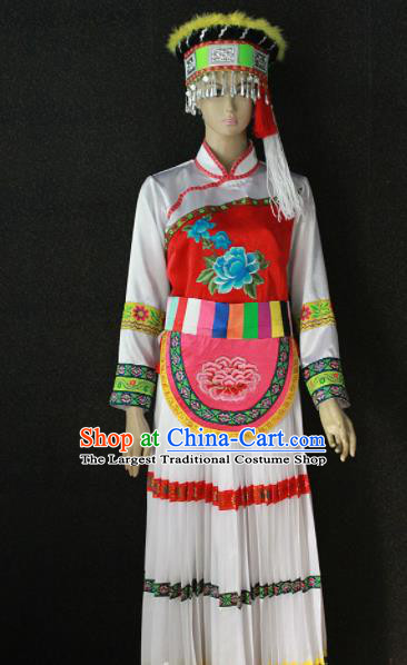 Chinese Traditional Lisu Nationality White Dress Ethnic Bride Folk Dance Costume for Women