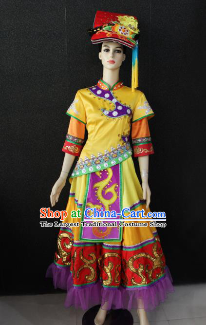 Chinese Traditional Qiang Nationality Yellow Dress Ethnic Folk Dance Costume for Women