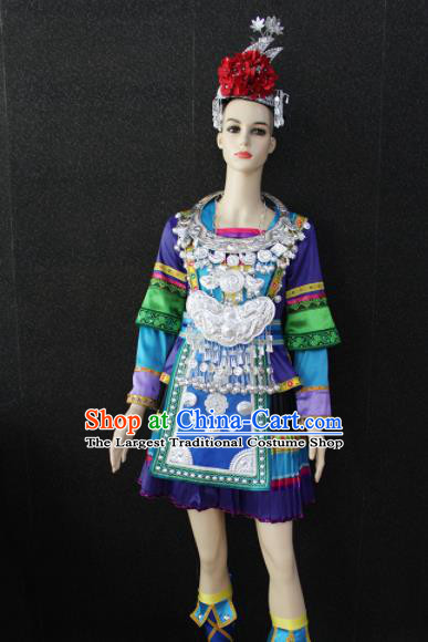 Chinese Traditional Dong Nationality Purple Dress Ethnic Folk Dance Costume for Women