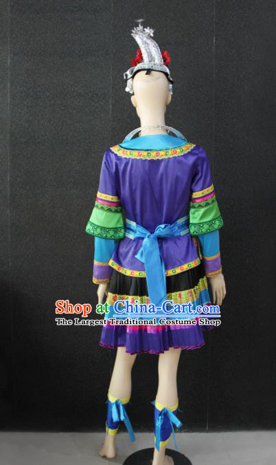 Chinese Traditional Dong Nationality Purple Dress Ethnic Folk Dance Costume for Women