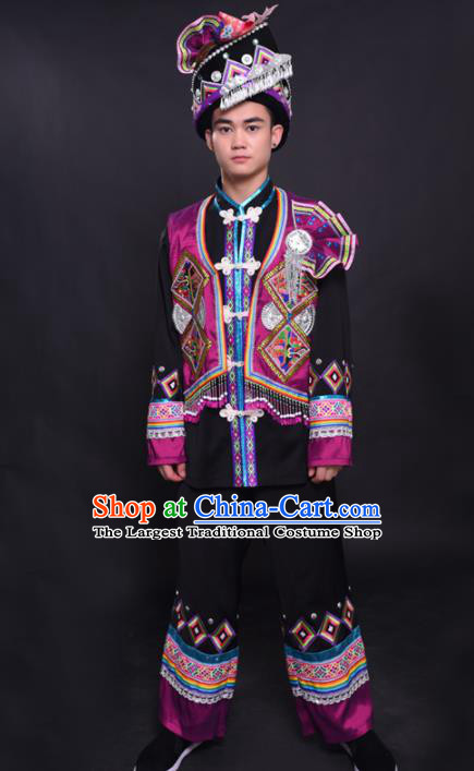 Chinese Traditional Ethnic Purple Costume Yao Nationality Festival Folk Dance Clothing for Men