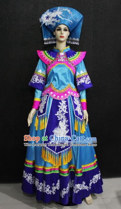Chinese Traditional Zhuang Nationality Wedding Blue Dress Ethnic Folk Dance Costume for Women