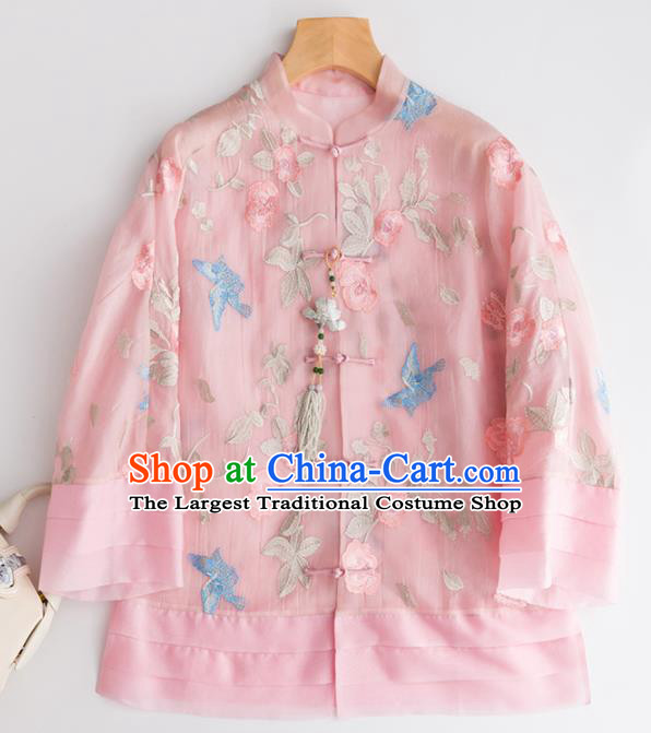 Chinese Traditional National Costume Tang Suit Embroidered Pink Organza Blouse Upper Outer Garment for Women