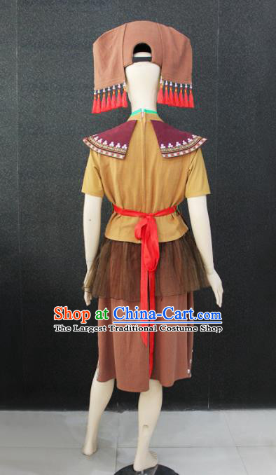 Chinese Traditional Zhuang Nationality Brown Clothing Ethnic Folk Dance Costume for Women