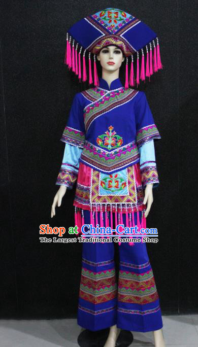 Chinese Traditional Zhuang Nationality Female Blue Clothing Ethnic Folk Dance Costume for Women