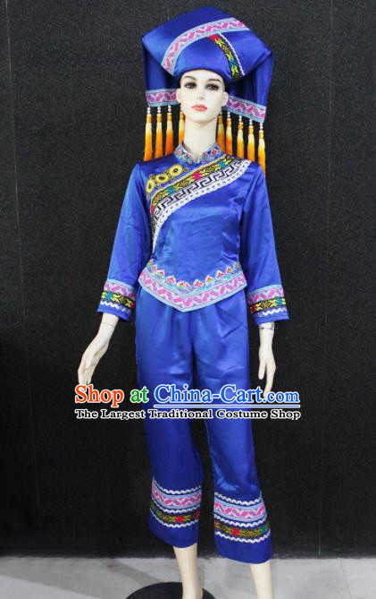 Chinese Traditional Zhuang Nationality Female Blue Clothing Ethnic Folk Dance Costume for Women