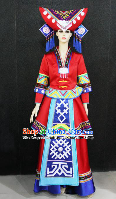 Chinese Traditional Zhuang Nationality Wedding Red Dress Ethnic Folk Dance Costume for Women
