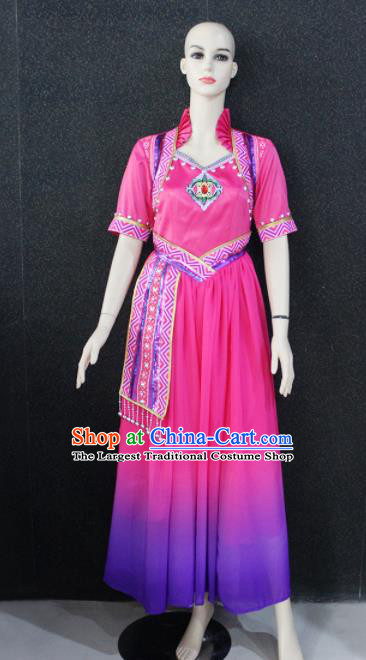 Chinese Traditional Minority Nationality Rosy Dress Ethnic Folk Dance Costume for Women