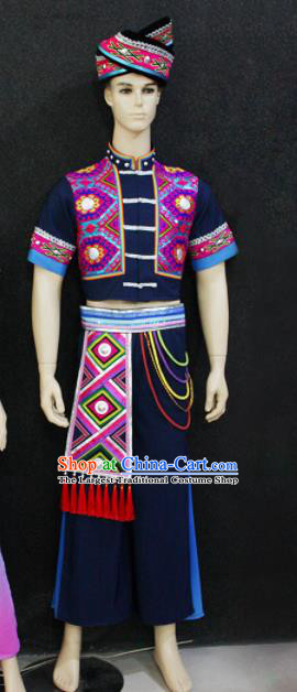 Chinese Traditional Ethnic Folk Dance Navy Costume Zhuang Nationality Festival Clothing for Men