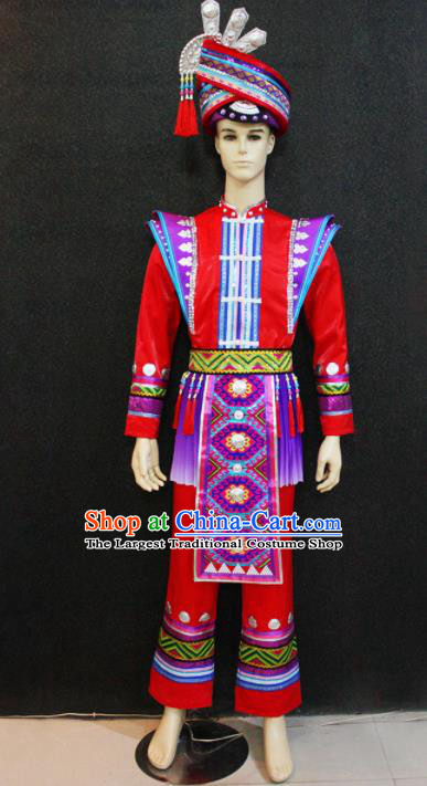 Chinese Traditional Ethnic Folk Dance Red Costume Zhuang Nationality Festival Clothing for Men