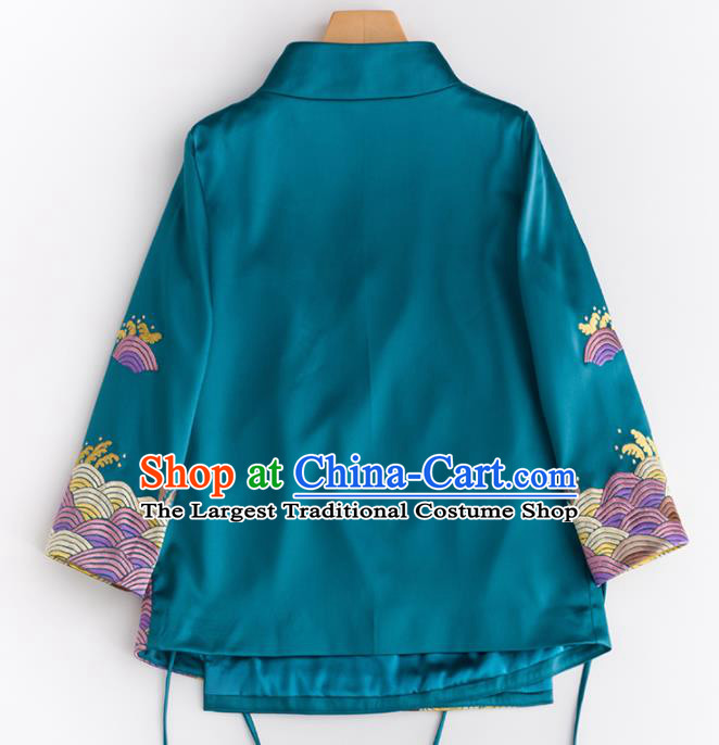 Chinese Traditional National Costume Tang Suit Upper Outer Garment Embroidered Blue Blouse for Women