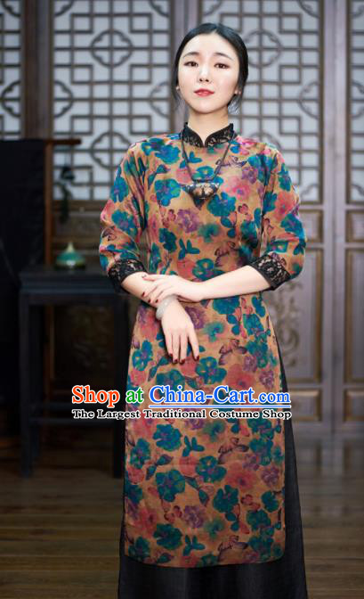 Chinese Traditional National Costume Tang Suit Printing Cheongsam Qipao Dress for Women