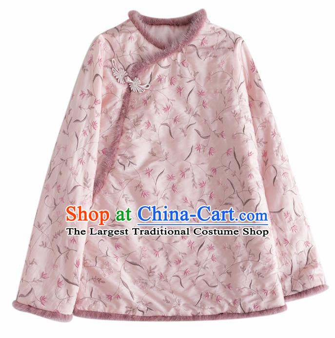 Chinese Traditional Tang Suit Pink Cotton Padded Jacket National Costume Upper Outer Garment for Women