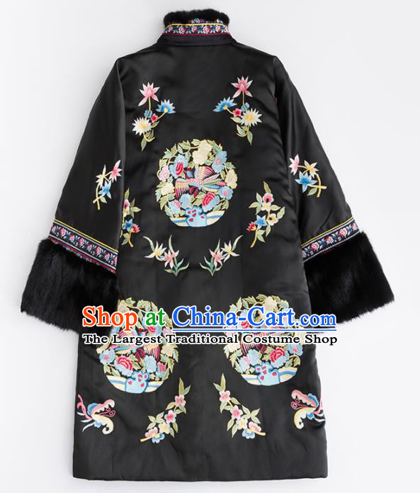 Chinese Traditional Tang Suit Black Cotton Padded Coat National Costume Upper Outer Garment for Women