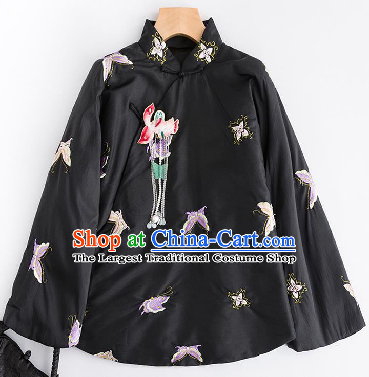 Chinese Traditional Tang Suit Embroidered Butterfly Black Cotton Padded Jacket National Costume Outer Garment for Women