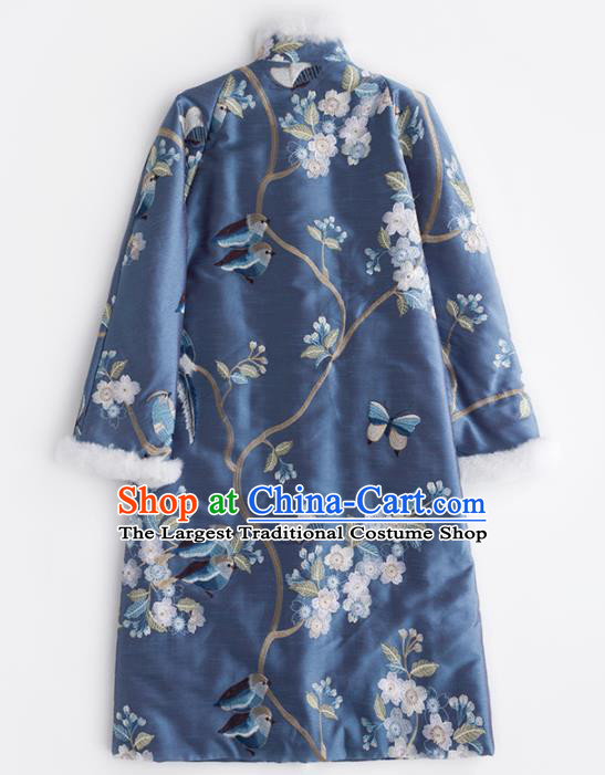 Chinese Traditional Embroidered Costume National Tang Suit Blue Cotton Padded Coat Outer Garment for Women