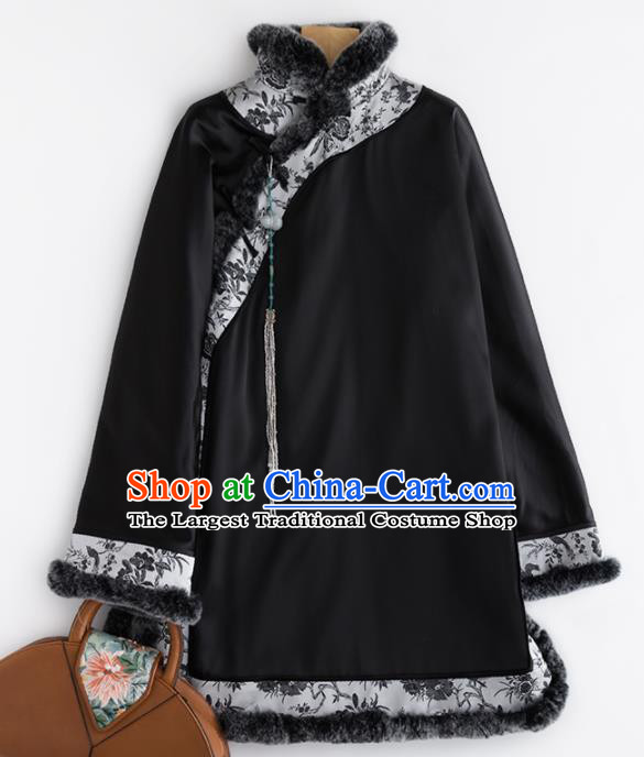 Chinese Traditional Costume National Tang Suit Black Jacket Embroidered Outer Garment for Women