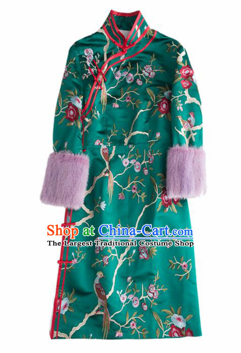 Chinese Traditional Costume National Cheongsam Ancient Qing Dynasty Green Silk Qipao Dress for Women