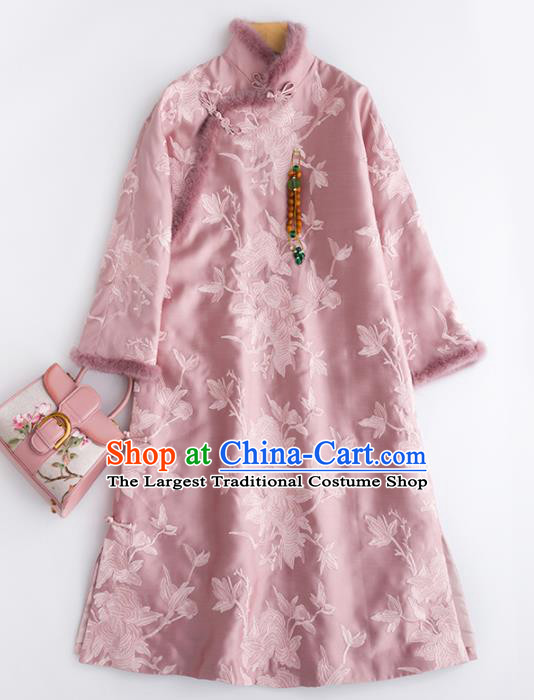 Chinese Traditional National Costume Tang Suit Cheongsam Pink Winter Qipao Dress for Women