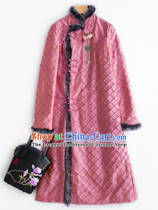 Chinese Traditional Costume National Tang Suit Pink Cotton Padded Coat Outer Garment for Women