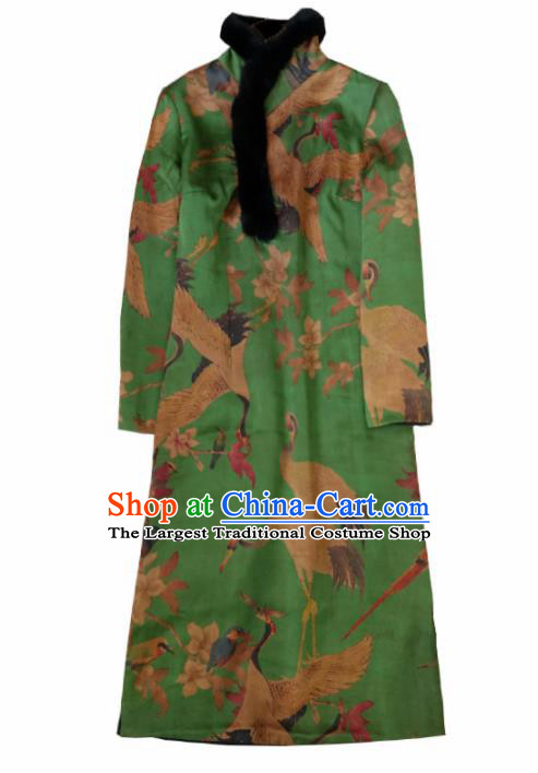 Chinese Traditional National Costume Tang Suit Cheongsam Winter Green Qipao Dress for Women