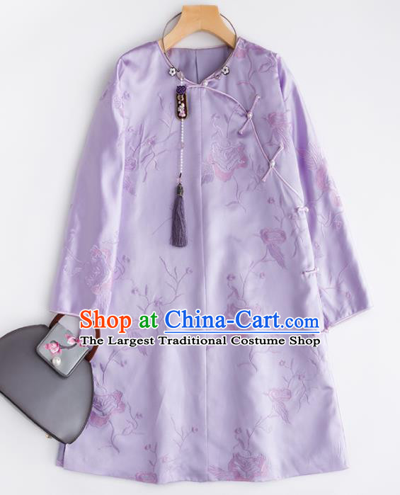 Chinese Traditional National Costume Tang Suit Cheongsam Lilac Silk Qipao Dress for Women