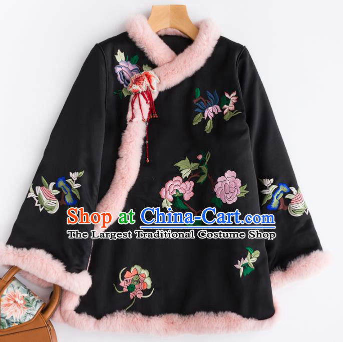 Chinese Traditional Costume National Tang Suit Embroidered Peony Black Cotton Padded Jacket for Women