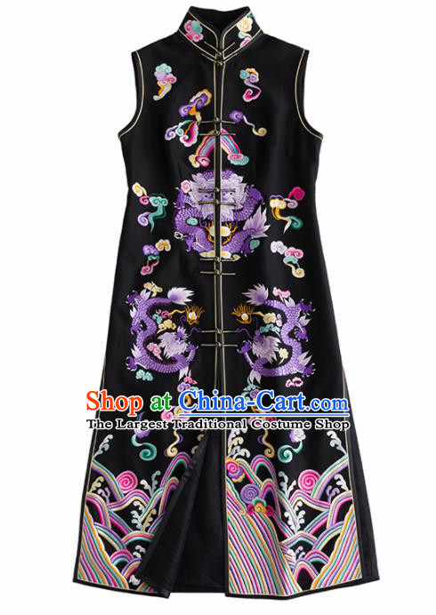 Chinese Traditional National Costume Tang Suit Cheongsam Embroidered Black Qipao Dress for Women