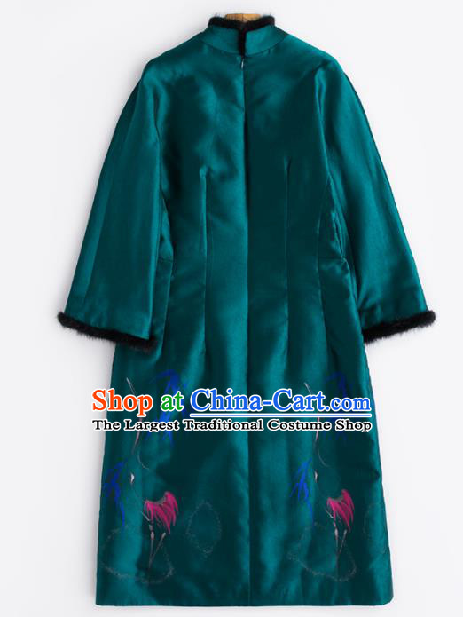 Chinese Traditional National Costume Tang Suit Embroidered Deep Green Dust Coat for Women