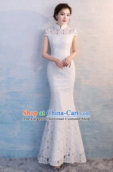 Chinese Traditional National Costume Classical Wedding Cheongsam Embroidered White Lace Full Dress for Women