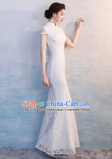 Chinese Traditional National Costume Classical Wedding Cheongsam White Lace Full Dress for Women