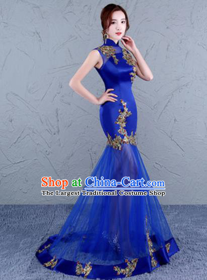 Chinese Traditional National Costume Classical Wedding Cheongsam Royalblue Veil Full Dress for Women