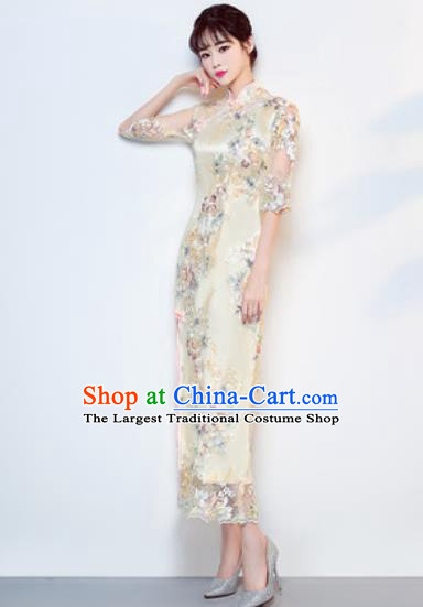 Chinese Traditional National Costume Classical Wedding Cheongsam Yellow Full Dress for Women