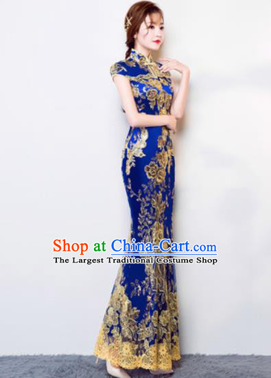 Chinese Traditional Wedding Costume Classical Embroidered Royalblue Lace Full Dress for Women