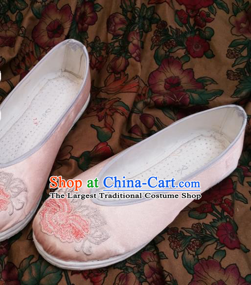 Chinese National Pink Silk Shoes Traditional Cloth Shoes Hanfu Shoes Embroidered Peony Shoes for Women