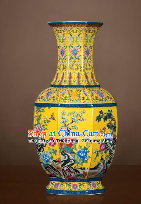 Chinese Jingdezhen Ceramic Yellow Powder Enamel Vase Handicraft Traditional Porcelain Vase