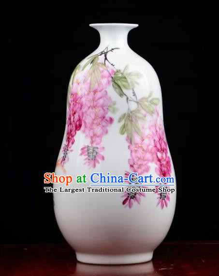Chinese Jingdezhen Ceramic Craft Painting Wisteria Powder Enamel Vase Handicraft Traditional Porcelain Vase