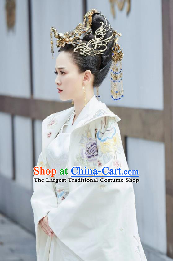Chinese Traditional Ancient Drama Queen Dugu Hanfu Dress Sui Dynasty Empress Embroidered Historical Costume and Headpiece for Women