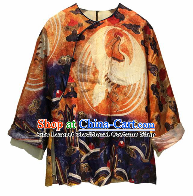 Chinese Traditional National Costume Printing Crane Blouse Tang Suit Upper Outer Garment for Women