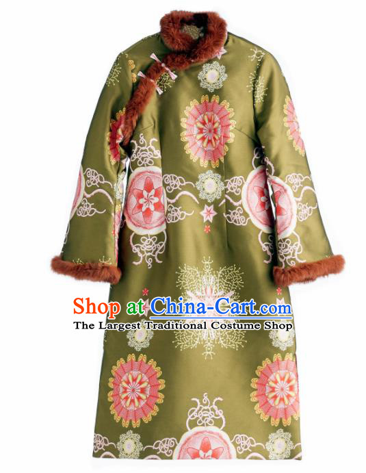 Chinese Traditional National Costume Tang Suit Qipao Dress Cotton Padded Green Cheongsam for Women