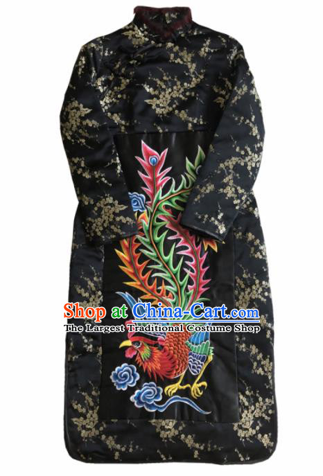 Chinese Traditional National Costume Tang Suit Qipao Dress Embroidered Phoenix Black Cheongsam for Women