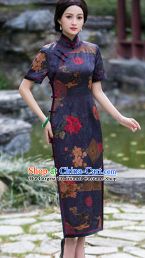 Chinese Traditional National Costume Tang Suit Navy Silk Qipao Dress Cheongsam for Women