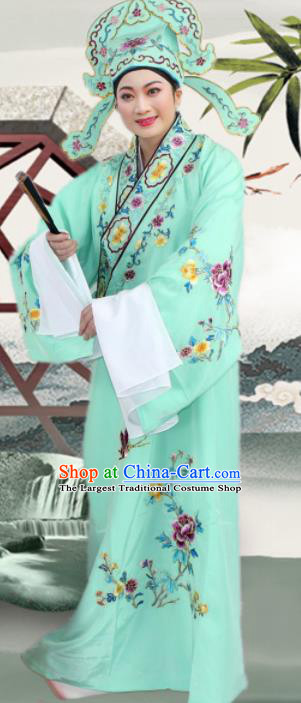 Chinese Ancient Nobility Childe Light Green Embroidered Robe Traditional Peking Opera Niche Costume for Men