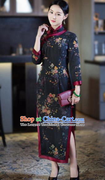 Chinese Traditional Tang Suit Printing Black Silk Qipao Dress National Costume Cheongsam for Women