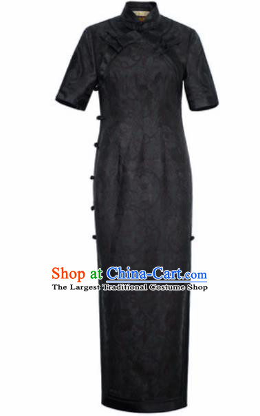 Chinese Traditional Tang Suit Black Silk Qipao Dress National Costume Cheongsam for Women