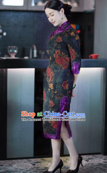Chinese Traditional Tang Suit Atrovirens Silk Qipao Dress National Costume Cheongsam for Women