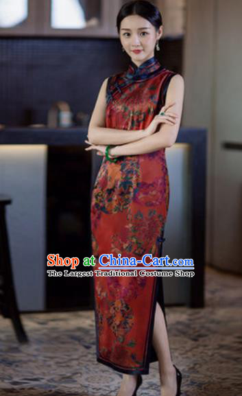 Chinese Traditional Tang Suit Purplish Red Qipao Dress National Costume Printing Cheongsam for Women
