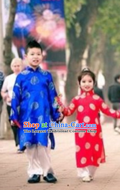 Classical Traditional Vietnam Dress Complete Set for Children Girls Boys