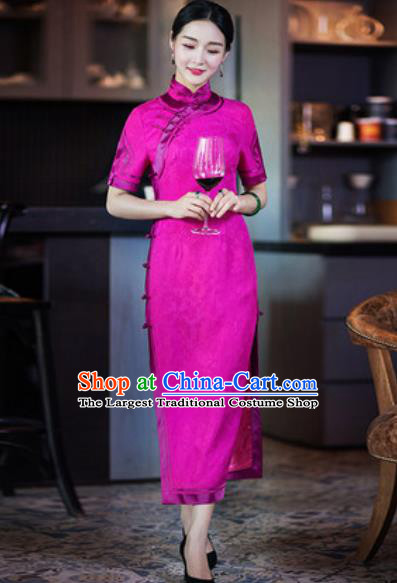 Chinese Traditional Rosy Silk Cheongsam Tang Suit Qipao Dress National Costume for Women
