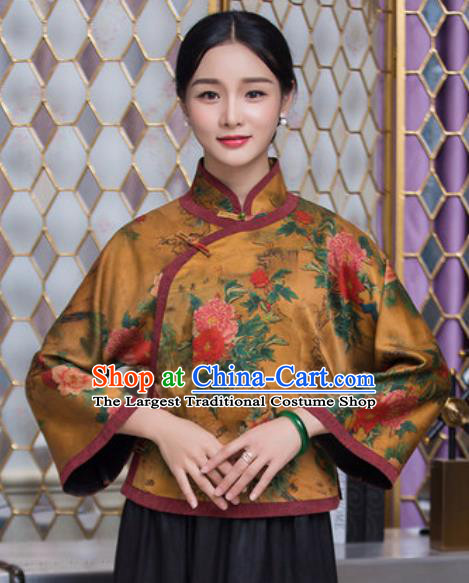 Chinese Traditional Tang Suit Upper Outer Garment Qipao Printing Peony Golden Blouse National Costume for Women